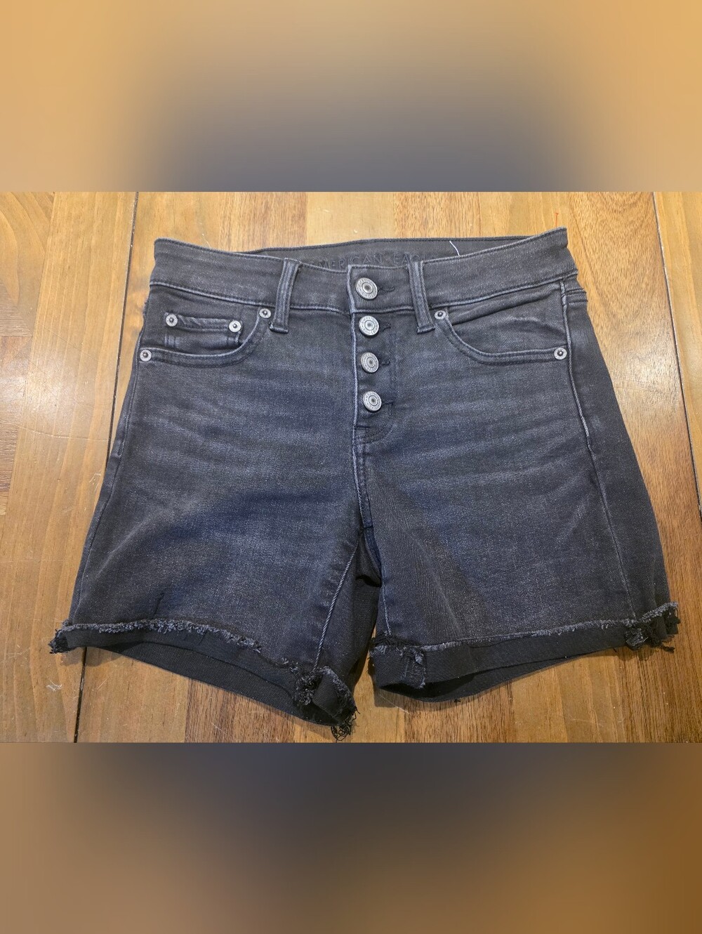 American Eagle Midi Black Denim Jean Shorts Sz 0 / XS 4-Button Level Stretch